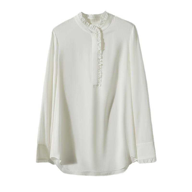 Rafinirana svilenkasta košulja s volanima, elegantan dojam, mulberry svila, bijela bluza za proljeće, ženski top