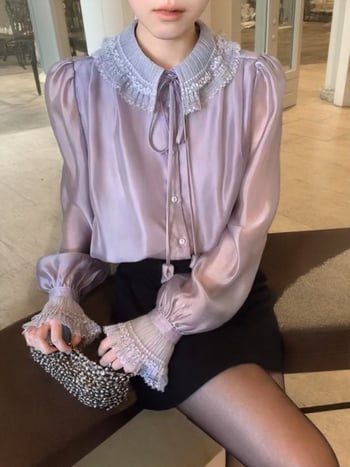 Ženska bluza s franuskog stila, čipkasti ovratnik, prozračni materijal s uzorkom zvjezdanog neba, puff rukavi, dugi rukavi