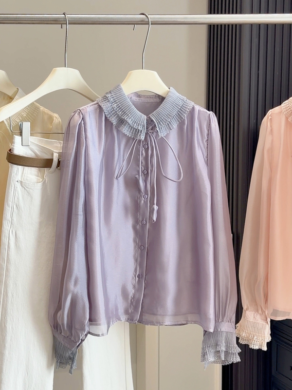 Ženska bluza s franuskog stila, čipkasti ovratnik, prozračni materijal s uzorkom zvjezdanog neba, puff rukavi, dugi rukavi
