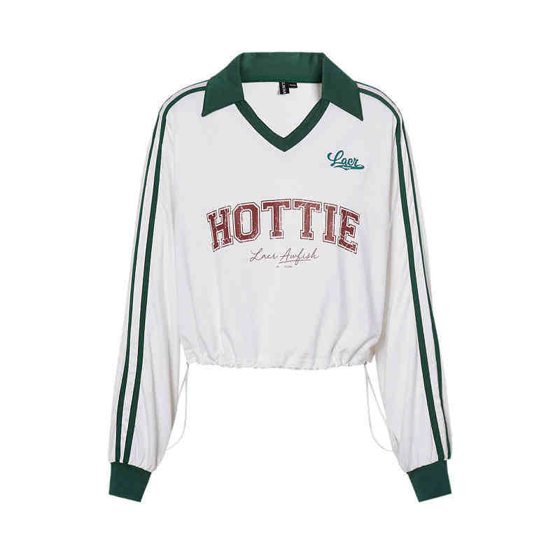 La Crawfish američki sveučilišni sportski stil, kontrastni V-izrez s trakama i otiskom, slobodan kroj, dugi rukav, ženski T-shirt