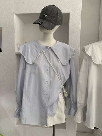 Bluza s ovratnikom lutkice, ukrašena perlama, dugi rukav, jednofarebna, srednja duljina, korejski stil, 6578