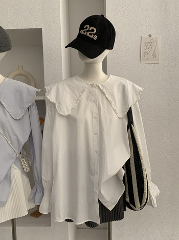 Bluza s ovratnikom lutkice, ukrašena perlama, dugi rukav, jednofarebna, srednja duljina, korejski stil, 6578