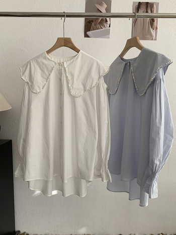 Bluza s ovratnikom lutkice, ukrašena perlama, dugi rukav, jednofarebna, srednja duljina, korejski stil, 6578