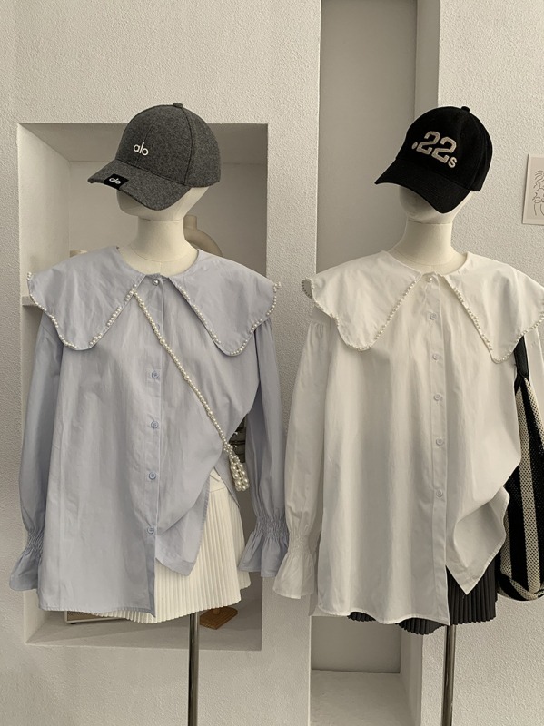 Bluza s ovratnikom lutkice, ukrašena perlama, dugi rukav, jednofarebna, srednja duljina, korejski stil, 6578