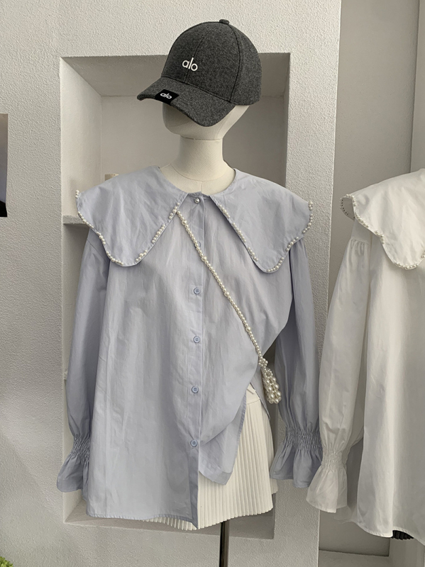 Bluza s ovratnikom lutkice, ukrašena perlama, dugi rukav, jednofarebna, srednja duljina, korejski stil, 6578