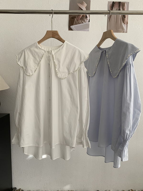 Bluza s ovratnikom lutkice, ukrašena perlama, dugi rukav, jednofarebna, srednja duljina, korejski stil, 6578