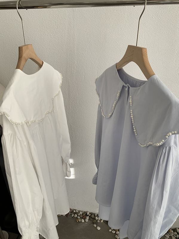 Bluza s ovratnikom lutkice, ukrašena perlama, dugi rukav, jednofarebna, srednja duljina, korejski stil, 6578