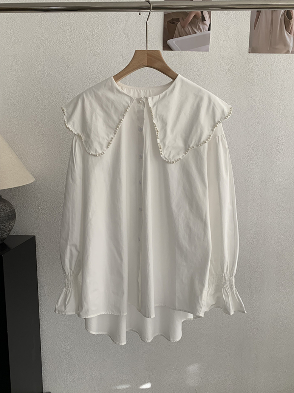Bluza s ovratnikom lutkice, ukrašena perlama, dugi rukav, jednofarebna, srednja duljina, korejski stil, 6578