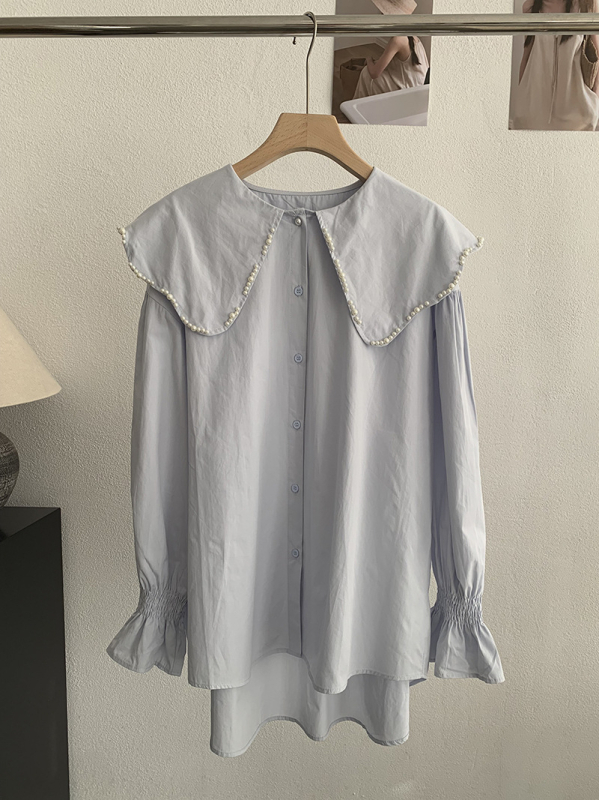 Bluza s ovratnikom lutkice, ukrašena perlama, dugi rukav, jednofarebna, srednja duljina, korejski stil, 6578