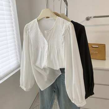 Bijela pamukasta bluza u stilu baby-doll za žene, široka silueta, okrugli izrez, dugi rukav