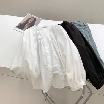 Bijela pamukasta bluza u stilu baby-doll za žene, široka silueta, okrugli izrez, dugi rukav