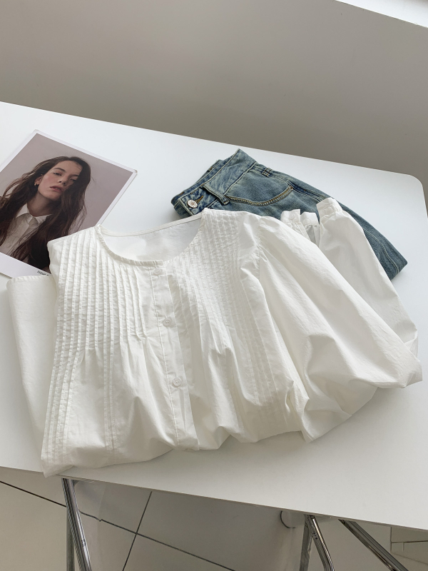 Bijela pamukasta bluza u stilu baby-doll za žene, široka silueta, okrugli izrez, dugi rukav