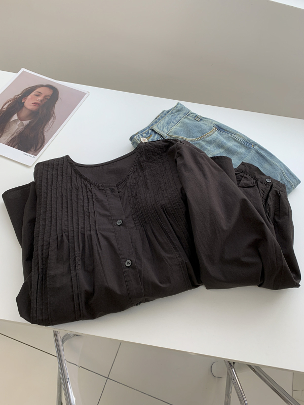 Bijela pamukasta bluza u stilu baby-doll za žene, široka silueta, okrugli izrez, dugi rukav