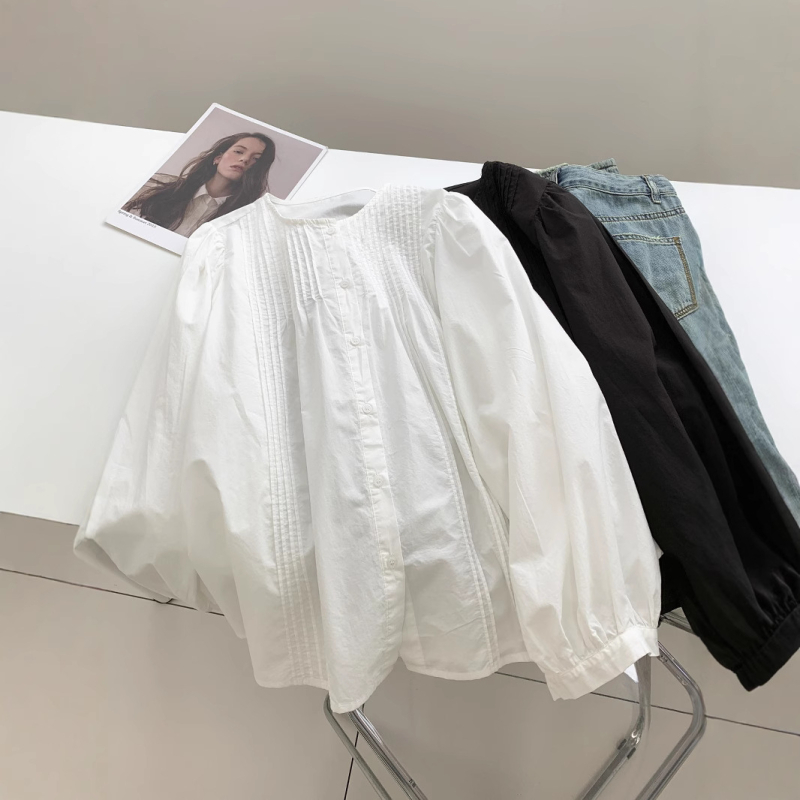 Bijela pamukasta bluza u stilu baby-doll za žene, široka silueta, okrugli izrez, dugi rukav