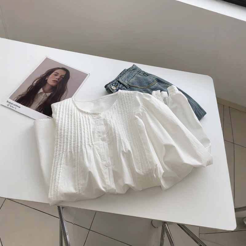 Bijela pamukasta bluza u stilu baby-doll za žene, široka silueta, okrugli izrez, dugi rukav