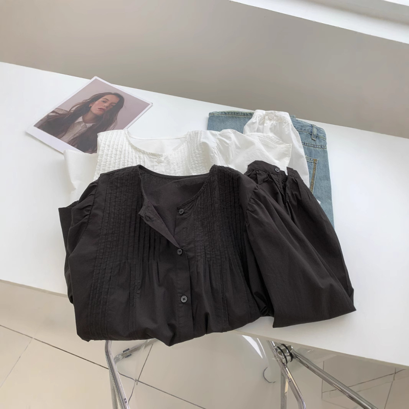Bijela pamukasta bluza u stilu baby-doll za žene, široka silueta, okrugli izrez, dugi rukav