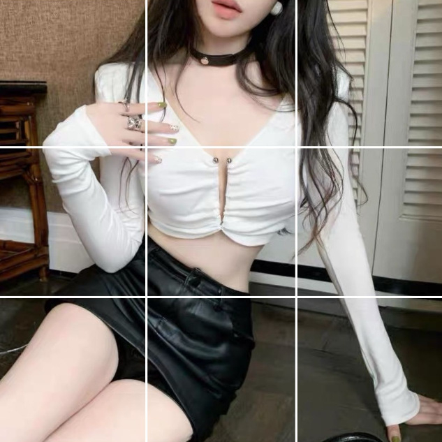 Američkog stila slim-fit majica s dugim rukavom, crop top s prorezima za žene, jesen