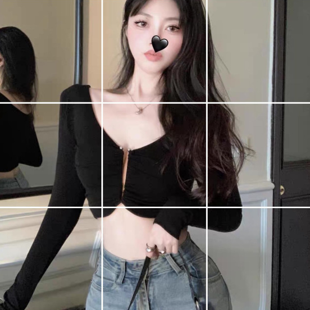 Američkog stila slim-fit majica s dugim rukavom, crop top s prorezima za žene, jesen