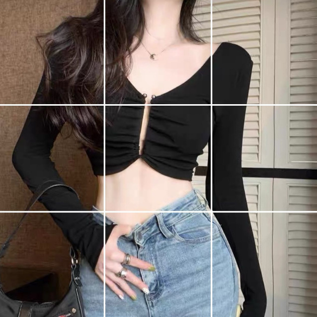 Američkog stila slim-fit majica s dugim rukavom, crop top s prorezima za žene, jesen