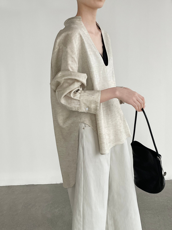 Taochuan Ženska bluza s dubokim U-izrezom, premium lanena smjesa, minimalistički slobodan kroj, Old Money stil, elegantan top 26013