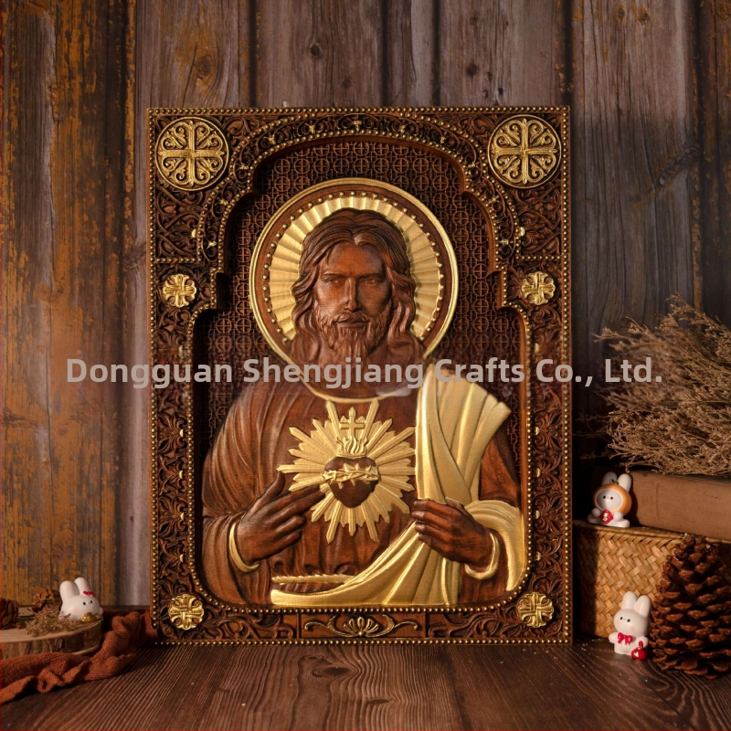 Štvorec drevený vyrezávaný ornament so Sväto Srdce, retro štýl pre domovú dekoráciu