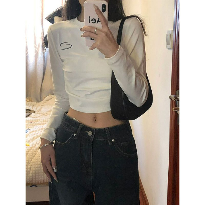Ženski T‑shirt s dugim rukavima, nepravilnim ramenima i plisiranim kratkim topom, pamuk 40s