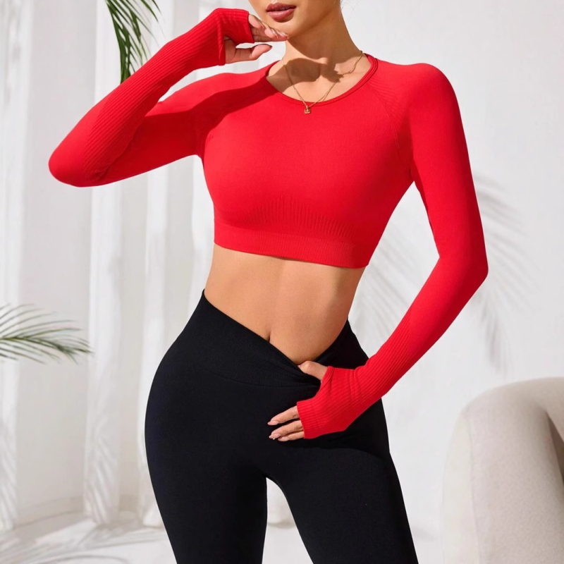 Ženski crop-top s dugim rukavima, okrugli izrez i otvor na leđima, jednobojan, uski kroj, poliester