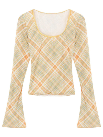 Ženska majica s U-izrezom, karirani color-blok uzorak, dugi rukav, proljeće, uski kroj, cropped top za slojevito odijevanje