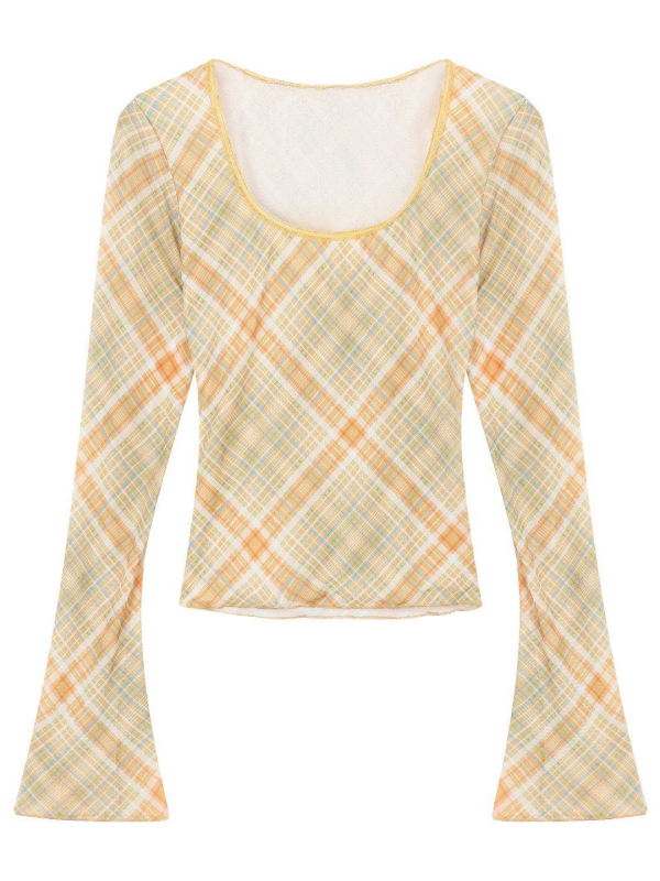 Ženska majica s U-izrezom, karirani color-blok uzorak, dugi rukav, proljeće, uski kroj, cropped top za slojevito odijevanje