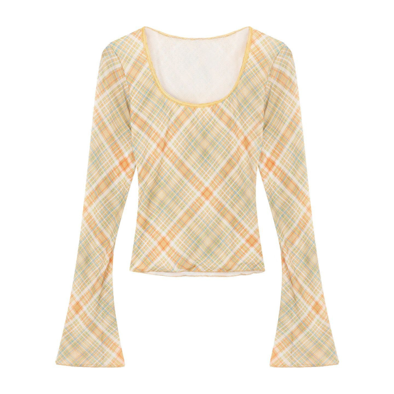 Ženska majica s U-izrezom, karirani color-blok uzorak, dugi rukav, proljeće, uski kroj, cropped top za slojevito odijevanje
