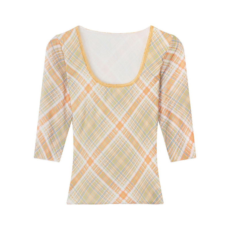 Ženska majica s U-izrezom, karirani color-blok uzorak, dugi rukav, proljeće, uski kroj, cropped top za slojevito odijevanje