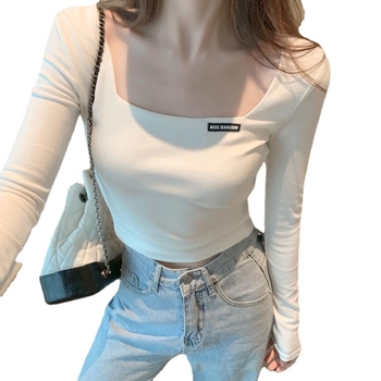 Ženski T-shirt s dugim rukavima, izvezen u francuskom stilu, kvadratni izrez, uski kroj, kratki crop top, jesen 2024