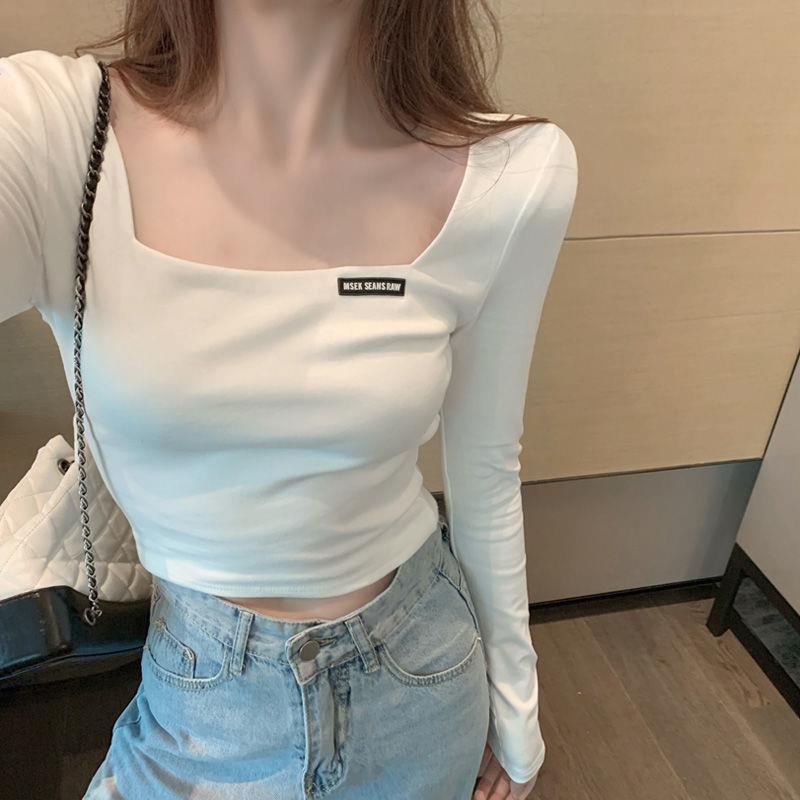 Ženski T-shirt s dugim rukavima, izvezen u francuskom stilu, kvadratni izrez, uski kroj, kratki crop top, jesen 2024
