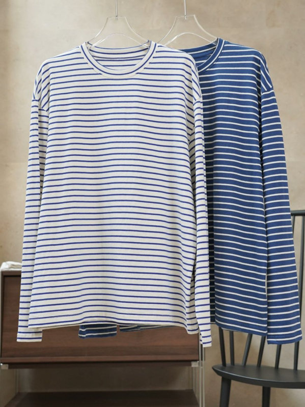 Ženski pamukasti T-shirt s prugama, okrugli izrez, korejskog stila, opuštena silueta, duge rukave, svakodnevni top