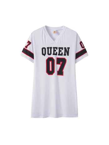 Ženska T-shirt haljina s printom slova QUEEN07, ležerni casual stil, crno-bijela, kratki rukavi