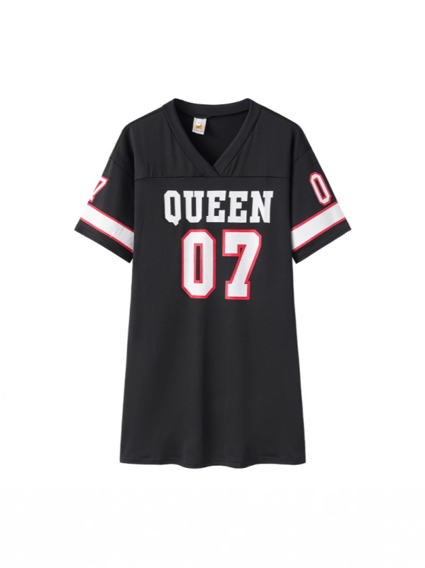 Ženska T-shirt haljina s printom slova QUEEN07, ležerni casual stil, crno-bijela, kratki rukavi