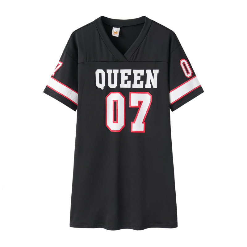 Ženska T-shirt haljina s printom slova QUEEN07, ležerni casual stil, crno-bijela, kratki rukavi