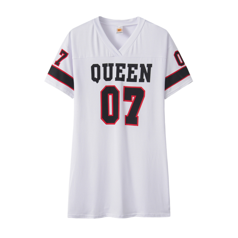 Ženska T-shirt haljina s printom slova QUEEN07, ležerni casual stil, crno-bijela, kratki rukavi