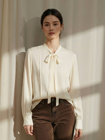 Ženska bluza od svile s mašnicom, teška svila, francuski stil, Chanel inspiriran, dugi rukav, poslovni top