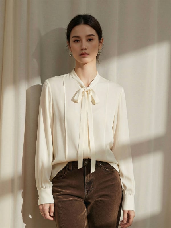 Ženska bluza od svile s mašnicom, teška svila, francuski stil, Chanel inspiriran, dugi rukav, poslovni top