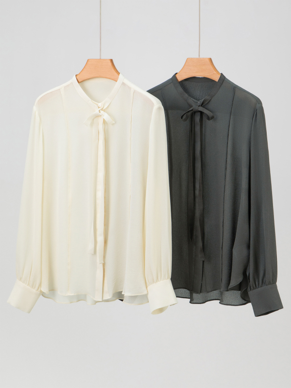 Ženska bluza od svile s mašnicom, teška svila, francuski stil, Chanel inspiriran, dugi rukav, poslovni top