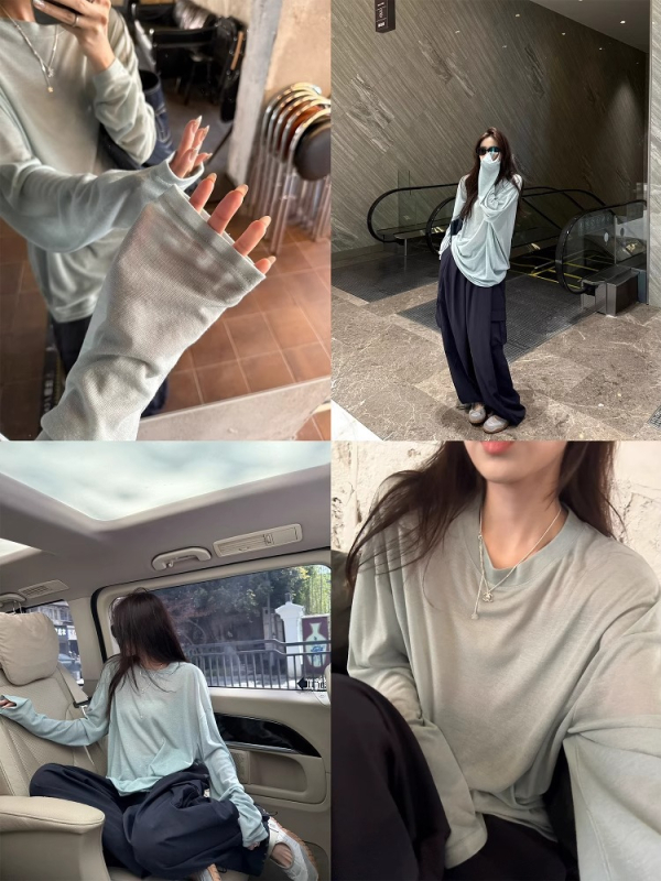 3395# Superniniyy Hidro-Skin Maska T-Shirt, mek okrugli izrez, slobodan kroj, UV zaštita, dugi rukav, ženski top