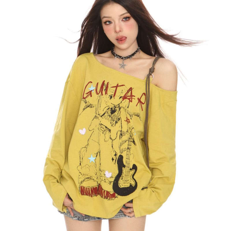 Ženska majica s otvorenim ramenima i dugim rukavima, slim-fit, dizajn s anime djevojkom, američki stil