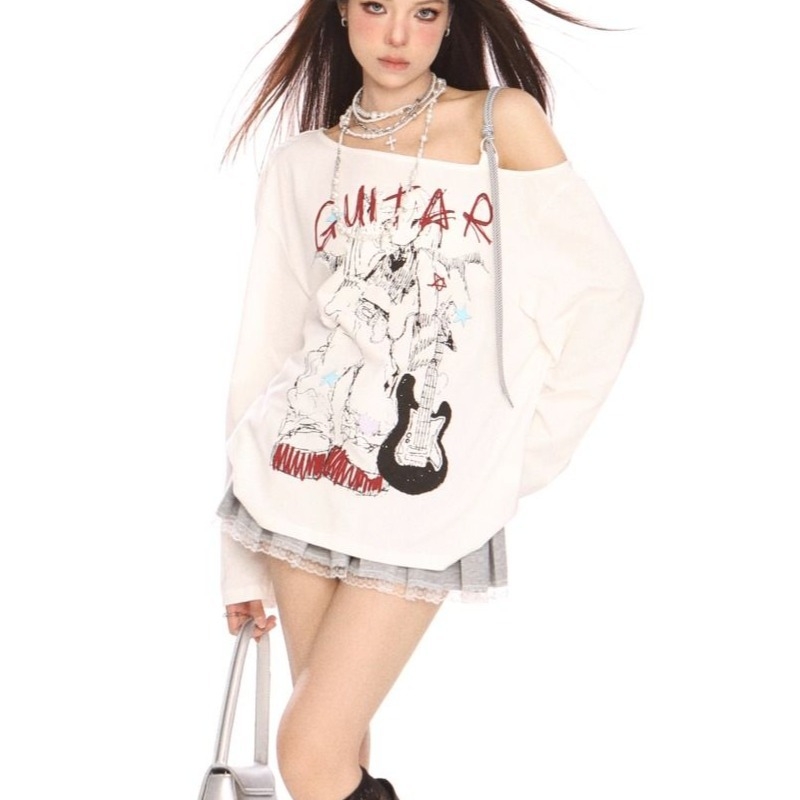 Ženska majica s otvorenim ramenima i dugim rukavima, slim-fit, dizajn s anime djevojkom, američki stil