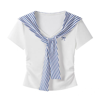 Bijeli ženski T-shirt s kratkim rukavima i mornarskim ovratnikom, plisirana linija struka, kratka duljina, elegantan top s iluzijom dvaju dijelova