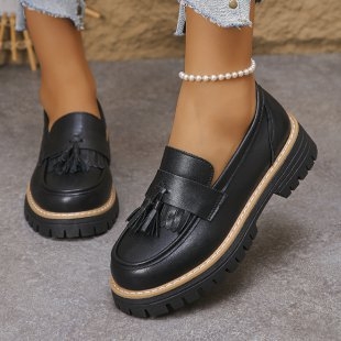 Ženske loaferice s resicama, britanski stil, okrugli vrh, prugasti uzorak, PU gornji dio, gumena potplata, bez podstave, debeli pet 6–8 cm, casual dizajn, izlazak jeseni 2025