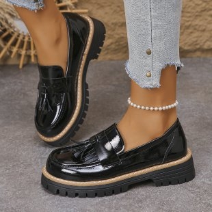 Ženske loaferice s resicama, britanski stil, okrugli vrh, prugasti uzorak, PU gornji dio, gumena potplata, bez podstave, debeli pet 6–8 cm, casual dizajn, izlazak jeseni 2025