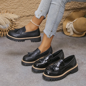 Ženske loaferice s resicama, britanski stil, okrugli vrh, prugasti uzorak, PU gornji dio, gumena potplata, bez podstave, debeli pet 6–8 cm, casual dizajn, izlazak jeseni 2025