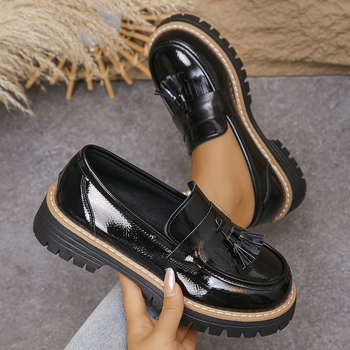 Ženske loaferice s resicama, britanski stil, okrugli vrh, prugasti uzorak, PU gornji dio, gumena potplata, bez podstave, debeli pet 6–8 cm, casual dizajn, izlazak jeseni 2025