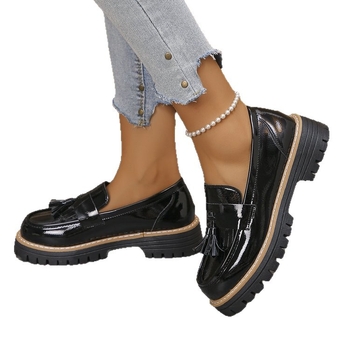 Ženske loaferice s resicama, britanski stil, okrugli vrh, prugasti uzorak, PU gornji dio, gumena potplata, bez podstave, debeli pet 6–8 cm, casual dizajn, izlazak jeseni 2025